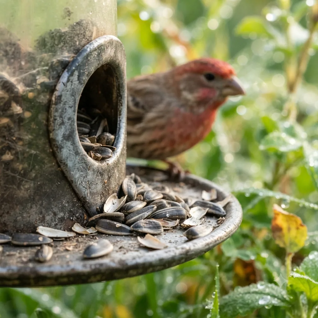 Close-up of a weathered metal feeder port and its tray, heaped with empty striped sunflower-seed hulls. A small bird with a rosy-red head and breast is perched on the tray rim against dew-covered green foliage.