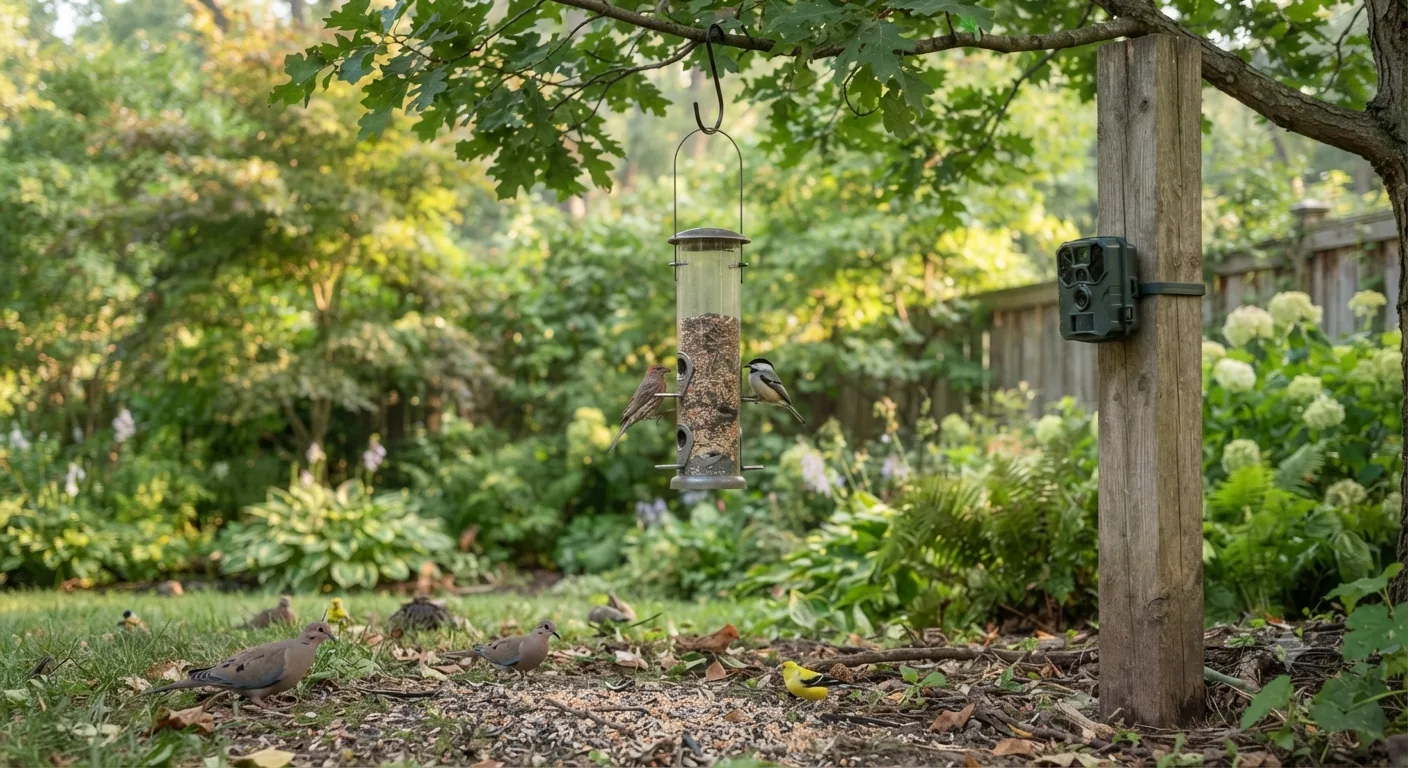 A hanging tube feeder filled with seed under a leafy branch in a backyard garden. Two small birds are perched at its feeding ports, a trail camera is strapped to a wooden post at right, and spilled seed, two doves and a small yellow bird are on the ground below.