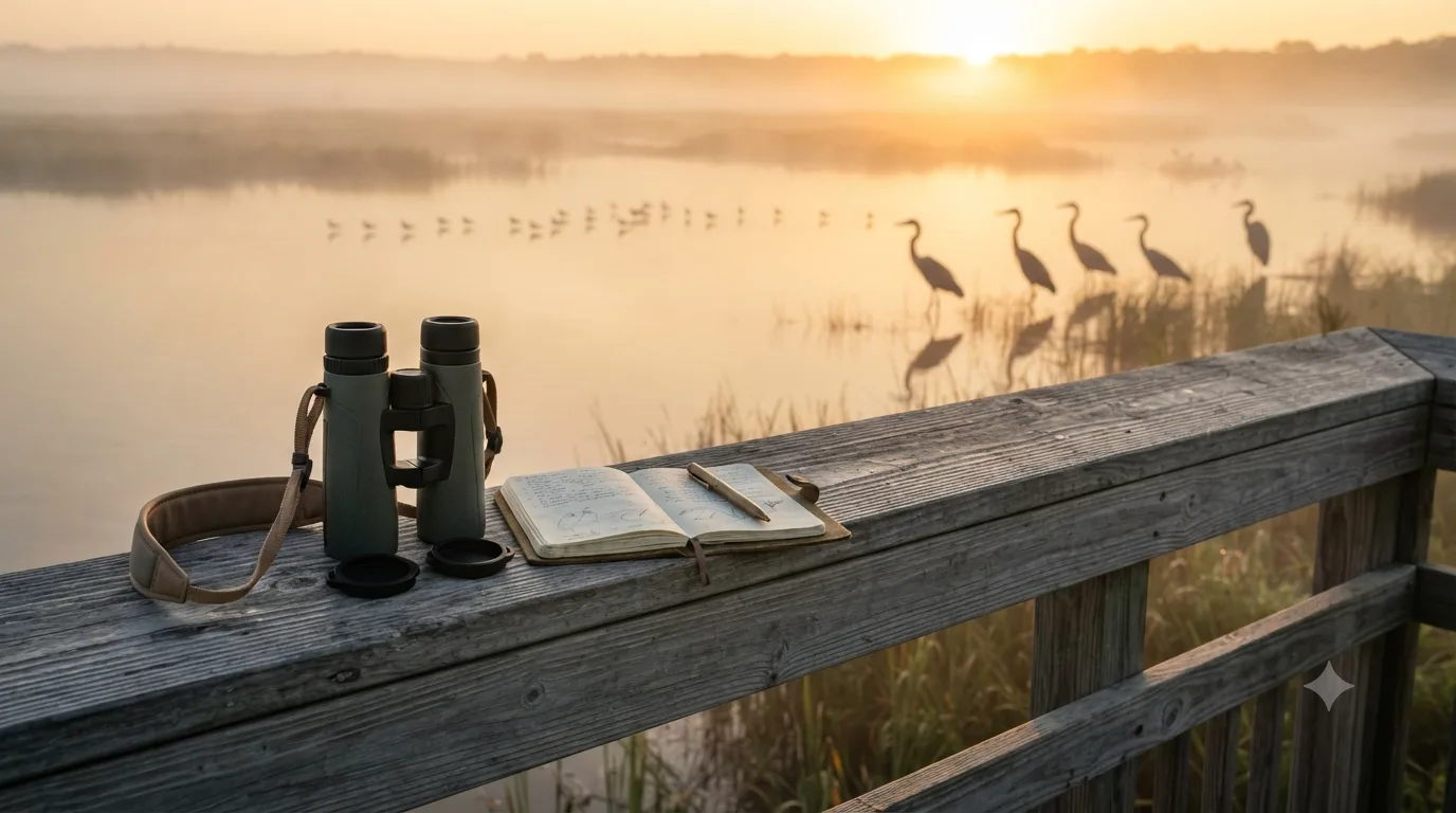 A pair of green roof-prism binoculars and an open handwritten field notebook resting on the wooden rail of a boardwalk at a misty wetland sunrise, with a line of herons and smaller shorebirds silhouetted in the shallow water beyond.