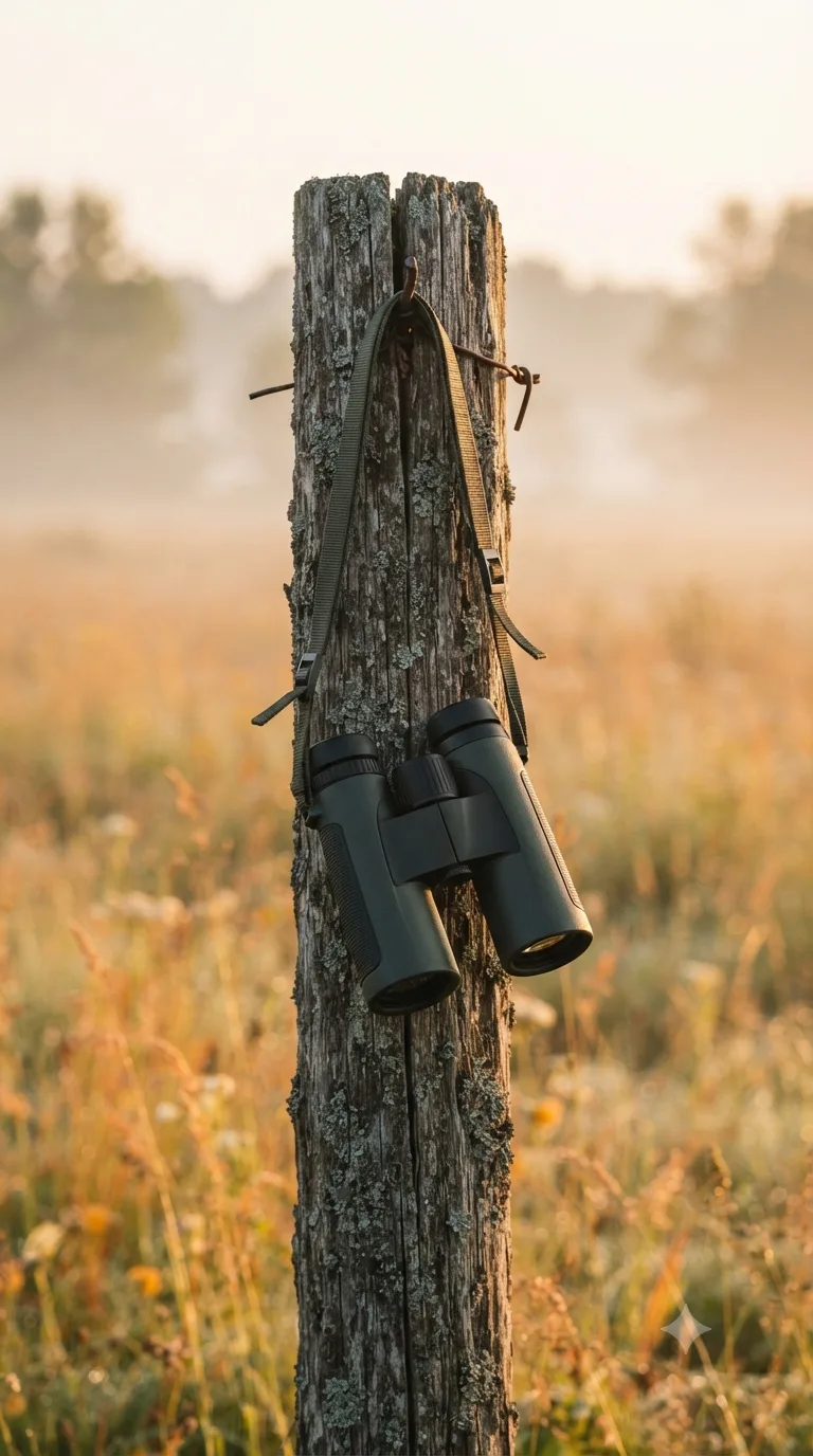 A pair of dark green roof-prism binoculars hanging by their strap from a weathered, lichen-covered wooden fence post, with a hazy golden meadow out of focus behind.
